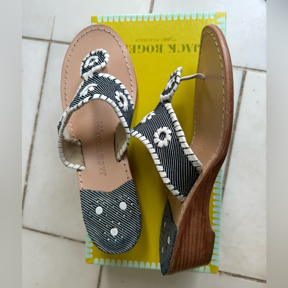 Jack Rogers, Rosalie, Navy/ White leather, mid wedge sandals, W-8 - Picture 2 of 3
